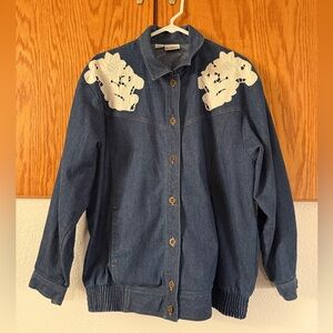 VINTAGE Blue Jean Jacket with White Floral Details